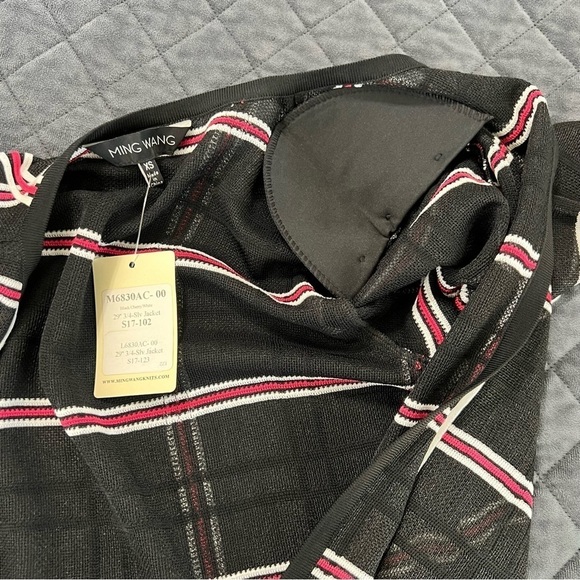 Ming Wang XS Black Red Plaid 3/4 Cardigan Knit Lightweight Jacket Top W - Picture 11 of 12